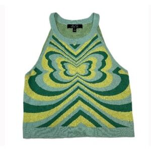Witty Fox Butterfly‎ Swirl Halter Knit Tank Top XL Green Yellow Summer Festival